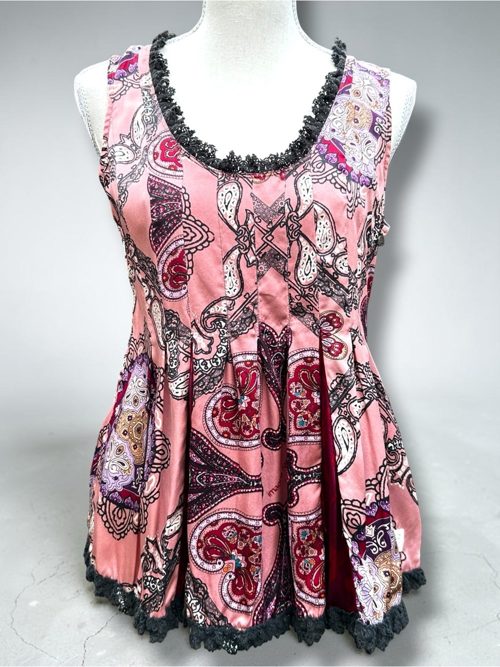Odd Molly 100% Silk Paisley Pintuck Lace Trim Luxury Boho Tunic Top Size 2 (M)